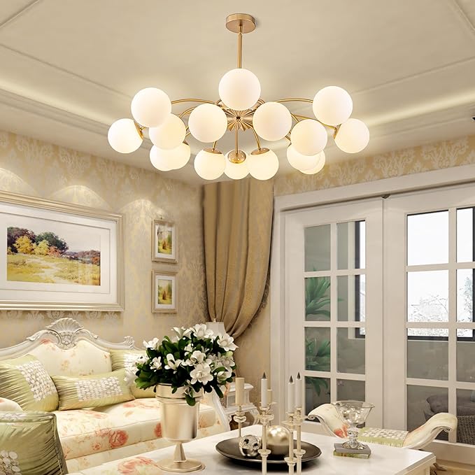 Longree 16-Light Gold and White Sputnik Chandeliers with Blossom Accent Milk Glass Bubble Pendant Light Fixture, Mid Century Starburst Lighting Frosted Glass Ceiling Lights for Dining Living