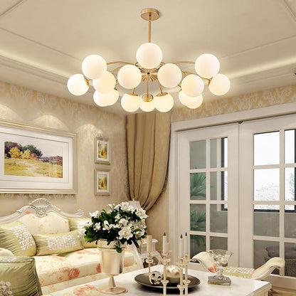 Longree 16-Light Gold and White Sputnik Chandeliers with Blossom Accent Milk Glass Bubble Pendant Light Fixture, Mid Century Starburst Lighting Frosted Glass Ceiling Lights for Dining Living