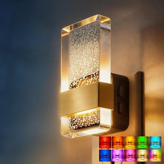 DORESshop LED Night Lights Plug into Wall, 3 Level Dimmable Night Light, Rotatable Bubble Decorative Nightlight, Dusk to Dawn Sensor, Wall Sconce-Style Design Nightlights for Bathroom, Hallway, RGB