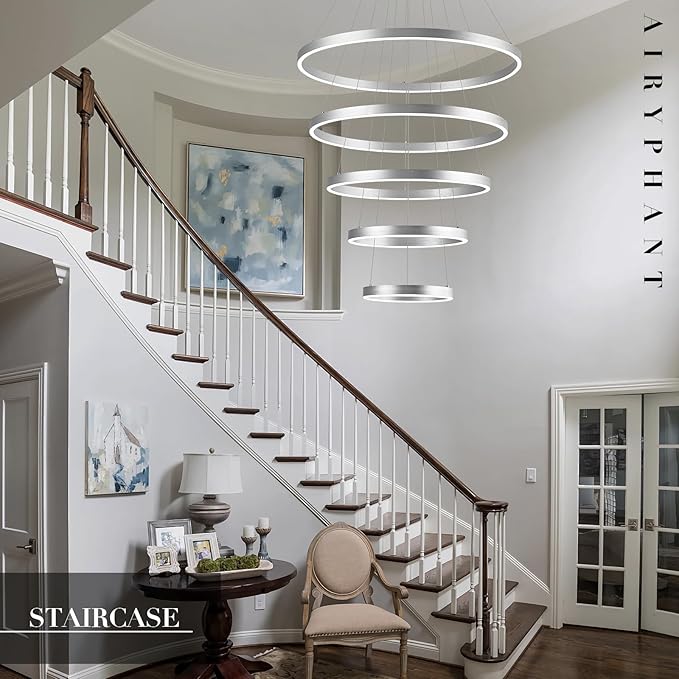 Modern LED Chandeliers 5-Ring Chandelier High Ceiling Chandelier 31" Large Foyer Chandeliers Entryway Silver Dimmable Pendant Light Fixture for Living Room Staircase, 3000K-6500K