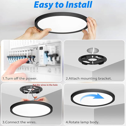Peasur 12 inch LED Ceiling Light, 3000K/3500K/4000K/5000K/6500K Adjustable Flush Mount Light Fixture,3200LM 28W Thin Black Round Lamp for Hallway Kitchen Bathroom Bedroom, 2Pack