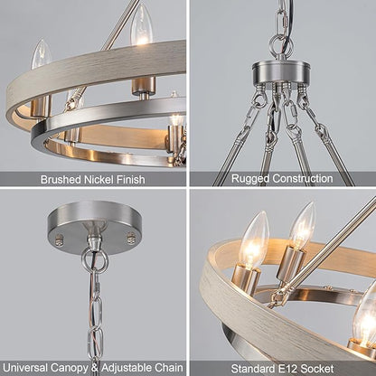 29" Brushed Nickel Wagon Wheel Chandelier, 8-Light Large Farmhouse Chandelier with Wood Grain Rustic Round Dining Room Light Fixtures for High Ceiling Foyer Living Room