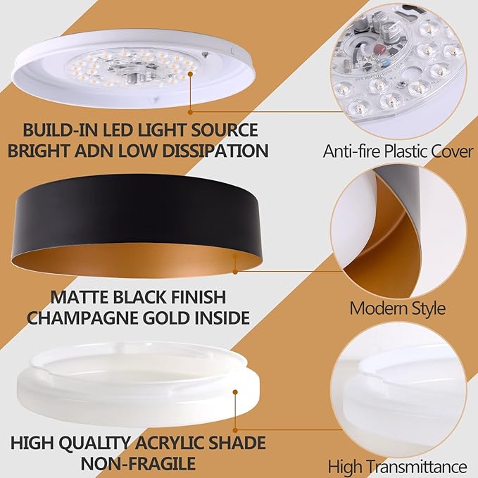 Bargeni Flush Mount Ceiling Lights,12.5 inch Ceiling Light Fixture,3000K/18W, Matte Black with Champagne Gold Inside Finish,Flush Mount Light Fixture for Balcony,Outdoor,Kitchen,ETL Listed-2 Pack