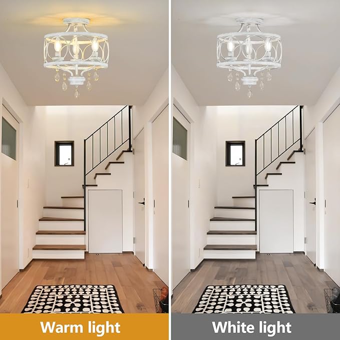 3-Light Modern White Crystal Chandelier, Farmhouse Ceiling Light Fixture, Hanging Metal Pendant Lights Kitchen Island Dining Room Entryway Foyer
