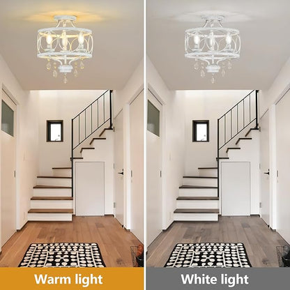 3-Light Modern White Crystal Chandelier, Farmhouse Ceiling Light Fixture, Hanging Metal Pendant Lights Kitchen Island Dining Room Entryway Foyer