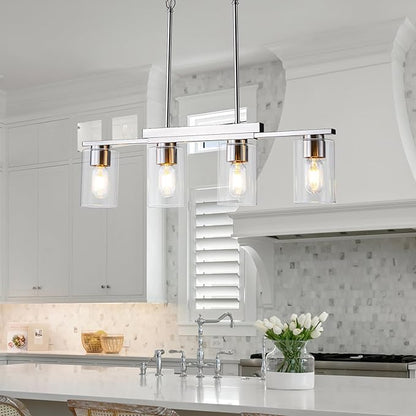 WILON Kitchen Island Lighting, 4 Lights Nickel Sand Linear Chandeliers Modern Farmhouse Chandelier with Glass Shades for Kitchen Island Living Dining Room Foyer Bedroom(Brushed Nickel,4 Lights)