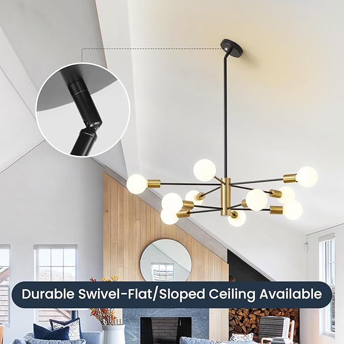 Sputnik Chandeliers Modern Black and Gold Chandeliers 10-Light Mid Century Farmhouse Chandelier Ceiling Light Fixture Height Adustable Pendant Light for Kitchen Island Living Room Dining Room
