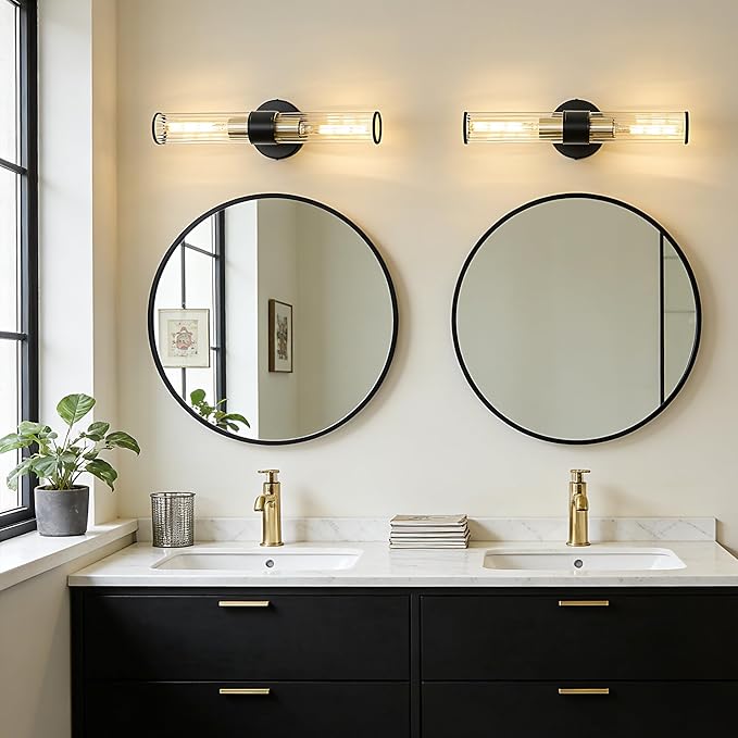 Bathroom Light Fixtures 2 Pack Hardwired, Black Gold Wall Sconce Threaded Glass Vanity Light Featuring Two E26 sockets, Bathroom Wall Light Dimmable - Bulb Not Included, UL Certification