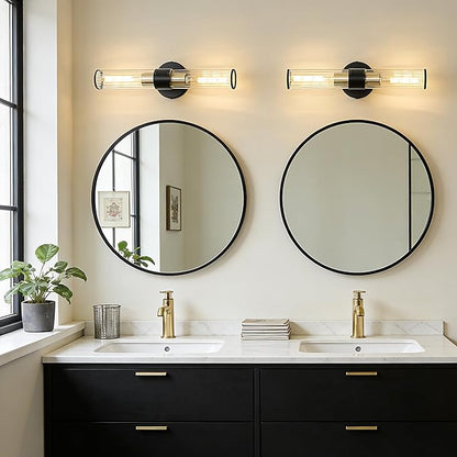 Bathroom Light Fixtures 2 Pack Hardwired, Black Gold Wall Sconce Threaded Glass Vanity Light Featuring Two E26 sockets, Bathroom Wall Light Dimmable - Bulb Not Included, UL Certification