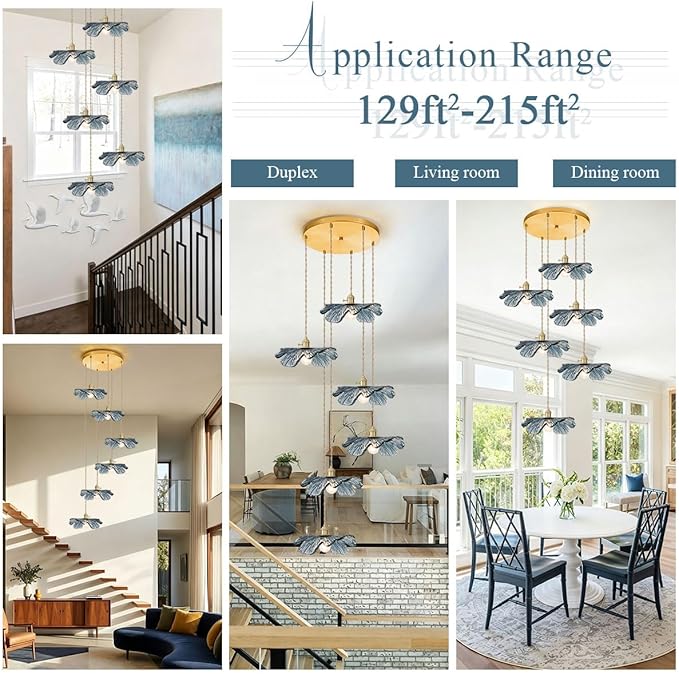 Foyer Chandelier for High Ceilings long Blue Floral pendant light Mid Century Glass Hanging Ceiling light Brushed Gold Flush Mount Ceiling Chandeliers for Staircase Entryway Living, Adjustable Height
