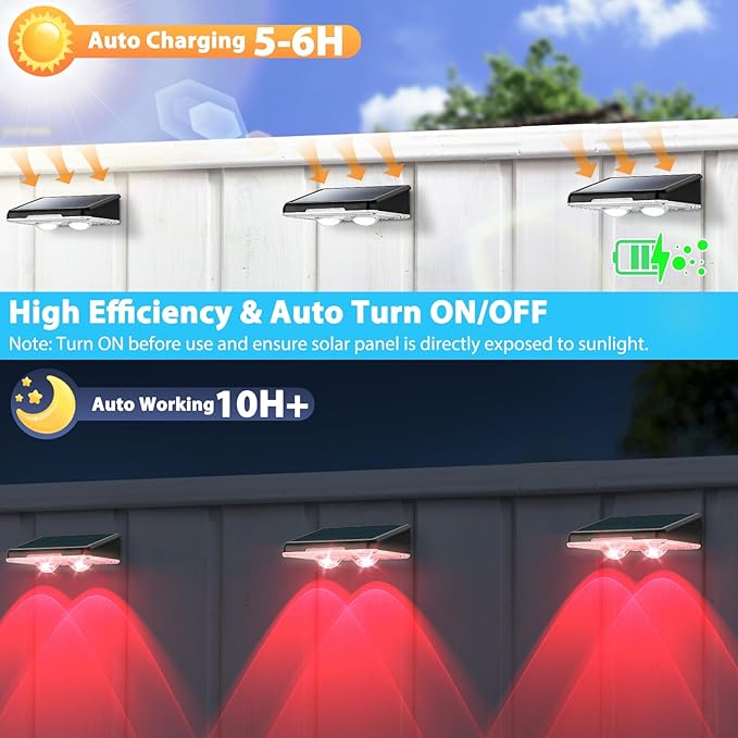 Solar Fence Lights Outdoor 8-Pack, Waterproof Solar Powered LED Fence Deck Light with Warm White & 6 RGB Colors & 2 Lighting Modes for Deck, Step, Stair, Fence, Outside, Patio, Garden, Backyard