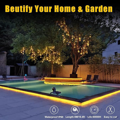 YM E-Bright Led Neon Strip Lights Without Power Supply, 12V Silicone Rope Indoor Outdoor 16.4Ft 600SMD Waterproof Flexible for Signboard Bar TV Kitchen Bedroom Home Party Decoration,Yellow/Amber