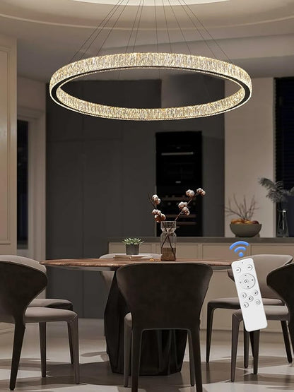 Modern LED Dimmable Crystal Chandelier 47.5" Ring Pendant Light Adjustable Round Chrome Crystal Chandelier Light Fixtures for Dining Room Living Room