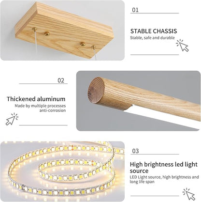 Modern Wooden Pendant Light, 39IN White Ash Wood Chandelier with Remote Control 3000k-6500K Adjustable Color Temperature，Aluminum Island Lighting Lamp for Dining Room, Living Room B