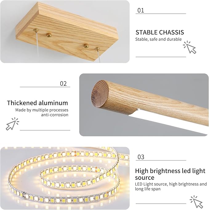Modern Wooden Pendant Light, 47IN White Ash Wood Chandelier with Remote Control 3000k-6500K Adjustable Color Temperature，Aluminum Island Lighting Lamp for Dining Room, Living Room B