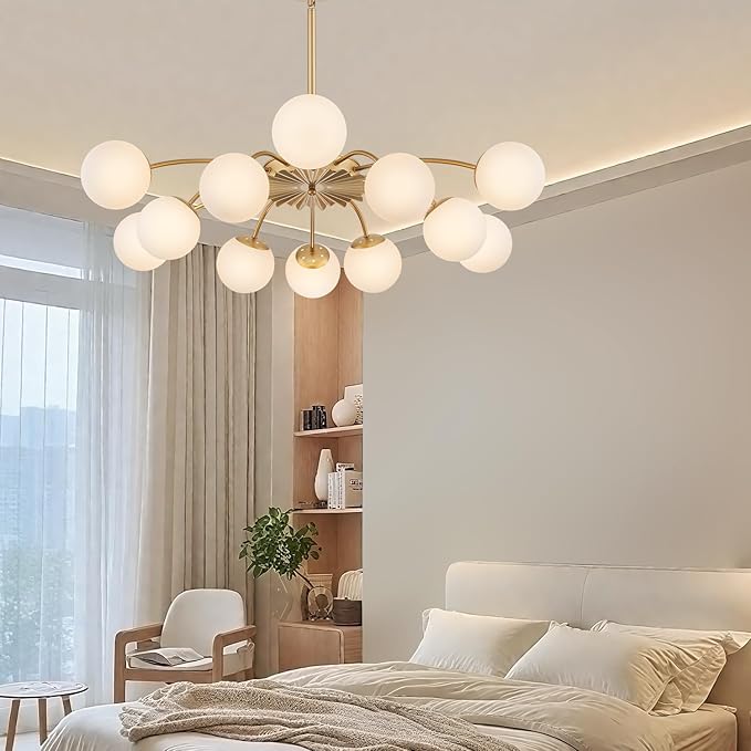 Longree 12-Light Gold and White Sputnik Chandeliers with Blossom Accent Opal Glass Bubble Pendant Light Fixture Mid Century Milk Glass Starburst Lighting for Dining Hallway Living