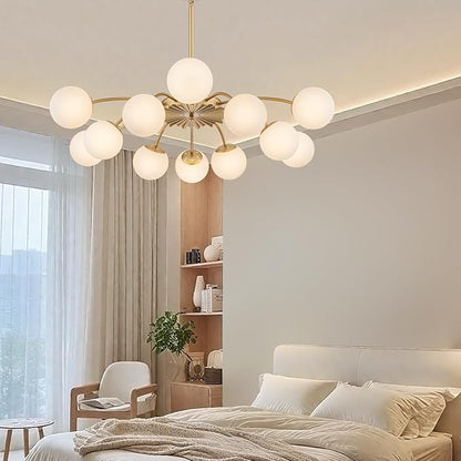 Longree 12-Light Gold and White Sputnik Chandeliers with Blossom Accent Opal Glass Bubble Pendant Light Fixture Mid Century Milk Glass Starburst Lighting for Dining Hallway Living