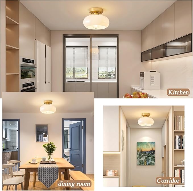 Mid-Century Modern Gold Semi Flush Mount Ceiling Light,White Glass Dome Hallway Lighting Fixtures, Metal Close to Ceiling Lamp for Entryway Bathroom Kitchen Bedroom Porch Foyer Office(8.66 Inch)