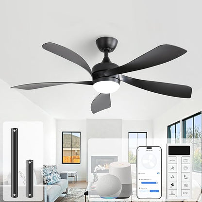 Sofucor 52" Smart Ceiling Fan, Indoor/Outdoor Black Ceiling Fans with Lights and Remote, Works with Alexa/Google/App, 3-Color Light 6-Speed Timing Reversible DC Motor for Bedroom Living Room Patio