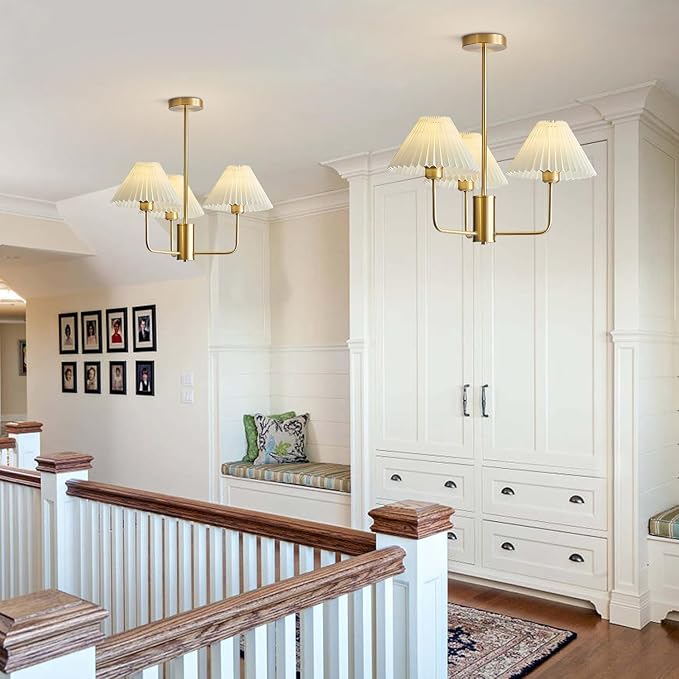 KCO Lighting 3-Lights Pleated Chandelier White Fabric Pendant Light Fixtures Mid Century Modern Gold Sputnik Chandelier Vintage Classic Chandeliers for Dining Room Bedroom