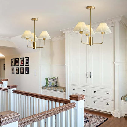 KCO Lighting 3-Lights Pleated Chandelier White Fabric Pendant Light Fixtures Mid Century Modern Gold Sputnik Chandelier Vintage Classic Chandeliers for Dining Room Bedroom