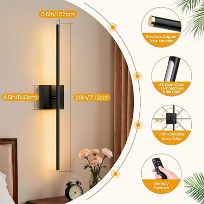 ZZXX 28 Inch Hardwire Wall Sconce Set of 2, 2700K-6500K Wall Lights with Remote Control, 350° Rotate LED Bathroom Wall Lamp Dimmable for Living Room Bedroom Bedside Light Fixtures