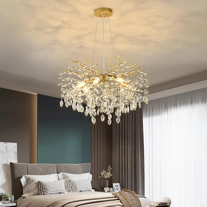 EGM Gold Crystal Chandelier, 24-Inch Modern Raindrop Light Fixtures 8-Light, Hanging Round Gold Dining Room Crystal Chandelier, Tree Branch Chandeliers for Bedroom Foyer E12