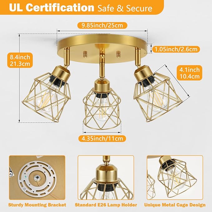 Baocuz 3-Light Brushed Gold Kitchen Light Fixtures, Modern Close to Ceiling Light with Metal Cage, Multi-Directional Gold Ceiling Lights for Farmhouse, Hallway, Dining Room, Entryway