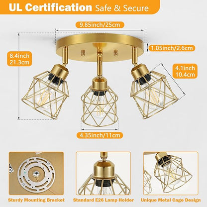 Baocuz 3-Light Brushed Gold Kitchen Light Fixtures, Modern Close to Ceiling Light with Metal Cage, Multi-Directional Gold Ceiling Lights for Farmhouse, Hallway, Dining Room, Entryway
