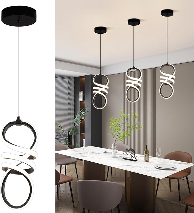 EIDISUNY Modern Led Pendant Light Fixture, 15W Black Spiral Pendant Light Kitchen Island, 4500K Daylight White Pendant Lamp, Adjustable Height Chandelier for Kitchen Dining Room Bedroom (3 Packs)
