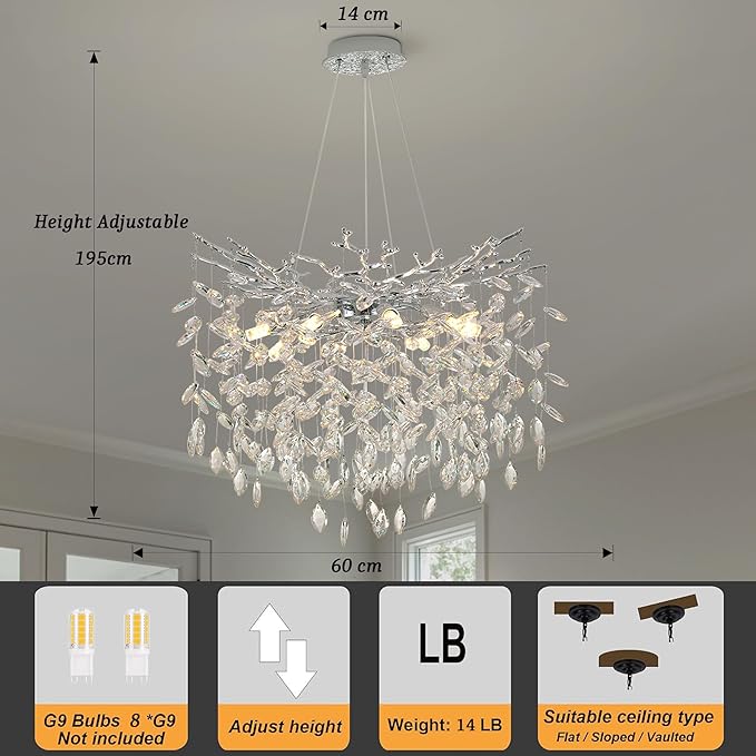 Tree Branches Chandeliers Luxury Round Crystal Pendant Light 8 Light Ceiling Hanging Light for Dining Room Bedroom Living Room Entryway 23.7" Silver
