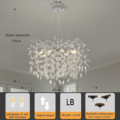 Tree Branches Chandeliers Luxury Round Crystal Pendant Light 8 Light Ceiling Hanging Light for Dining Room Bedroom Living Room Entryway 23.7" Silver
