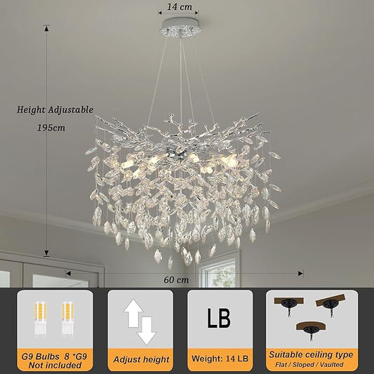 Tree Branches Chandeliers Luxury Round Crystal Pendant Light 8 Light Ceiling Hanging Light for Dining Room Bedroom Living Room Entryway 23.7" Silver