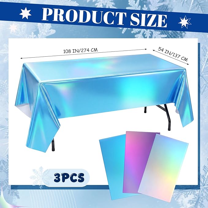 Oudain 3 Pcs Frozen Theme Party Blue & Purple & Silver Iridescent Party Tablecloth 54 x 108 Inch Plastic Rectangle Tablecloth Waterproof Table Cover for Frozen Theme Birthday Decoration