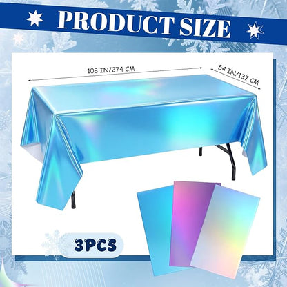 Oudain 3 Pcs Frozen Theme Party Blue & Purple & Silver Iridescent Party Tablecloth 54 x 108 Inch Plastic Rectangle Tablecloth Waterproof Table Cover for Frozen Theme Birthday Decoration