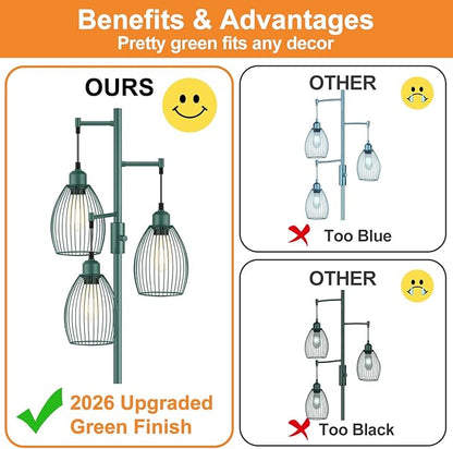 Dimmable Floor Lamp, Industrial Floor Lamps for Living Room, Green Tree Lamp Standing Lamp Tall Lamps with 3 Elegant Teardrop Cage Head & 800 Lumens LED Bulbs for Living room Bedroom Dining Room