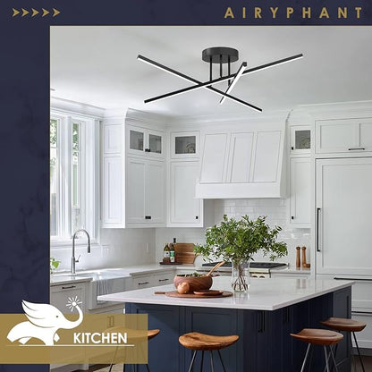 Modern LED Chandelier 24W Dimmable Black Semi Flush Mount Ceiling Light Fixture for Kitchen Dining Room Foyer Entry, 23.82"