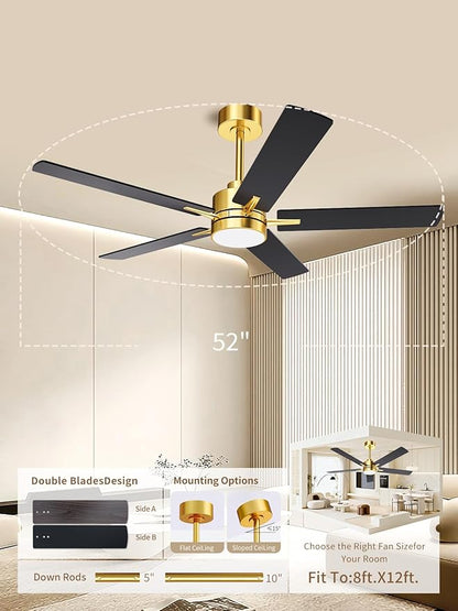 LANMEL 52'' Black and Gold Ceiling Fans with Lights and Remote, 6 Speed Low Profile Modern Ceiling Fan with Quiet DC Motor for Indoor Outdoor Bedroom Living Room
