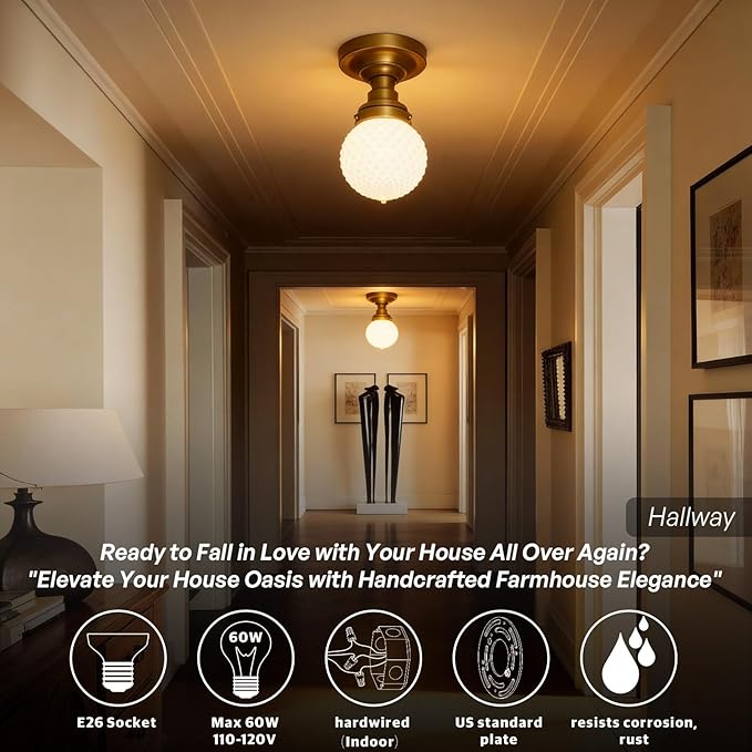 Vintage Close to Ceiling Light Fixtures Brass Gold Semi Flush Mount Ceiling Light Globe Milky White Glass Hallway Ceiling Light for Laundry Entryway Kitchen Bathroom Bedroom E26