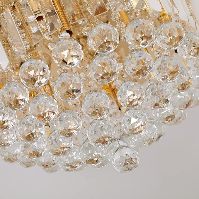 Mini Crystal Chandelier Ceiling Light,Flush Mount Modern Round K9 Crystal Raindrop Ceiling Lighting Fixture for Dining Room Bedroom Hallway Height 11''x Width 16''(French Gold)