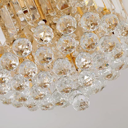 Mini Crystal Chandelier Ceiling Light,Flush Mount Modern Round K9 Crystal Raindrop Ceiling Lighting Fixture for Dining Room Bedroom Hallway Height 11''x Width 16''(French Gold)
