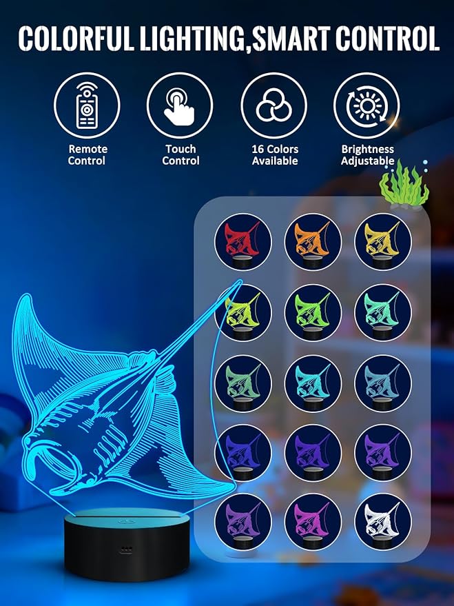 Lampeez Manta Ray 3D Night Light for Kids, LED 16 Colors Remote Control Changing Touch Dimmable Table Desk Lamp, Cute Animal Gifts for Manta Ray Lovers Animal Fans