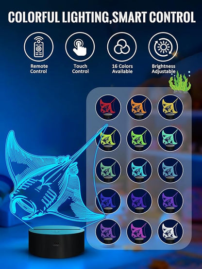 Lampeez Manta Ray 3D Night Light for Kids, LED 16 Colors Remote Control Changing Touch Dimmable Table Desk Lamp, Cute Animal Gifts for Manta Ray Lovers Animal Fans