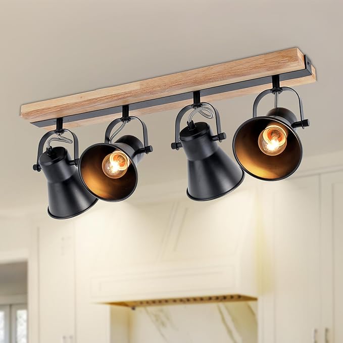 4-Lights Rustic Flush Mount Ceiling Light, Industrial Track Lighting Fixture, Rotatable Kitchen Track Lighting with Wood Base for Sink Dining Room, Living Room