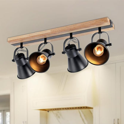 4-Lights Rustic Flush Mount Ceiling Light, Industrial Track Lighting Fixture, Rotatable Kitchen Track Lighting with Wood Base for Sink Dining Room, Living Room