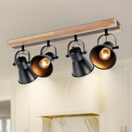 4-Lights Rustic Flush Mount Ceiling Light, Industrial Track Lighting Fixture, Rotatable Kitchen Track Lighting with Wood Base for Sink Dining Room, Living Room