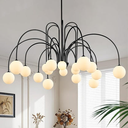 CATINER Modern Black Sputnik Chandeliers Extra Large 18 Lights L59”Mid Century Ceiling Pendant Lighting Fixture with Milk Glass Globe Shades for High Ceiling Living Room Foyer Staircase