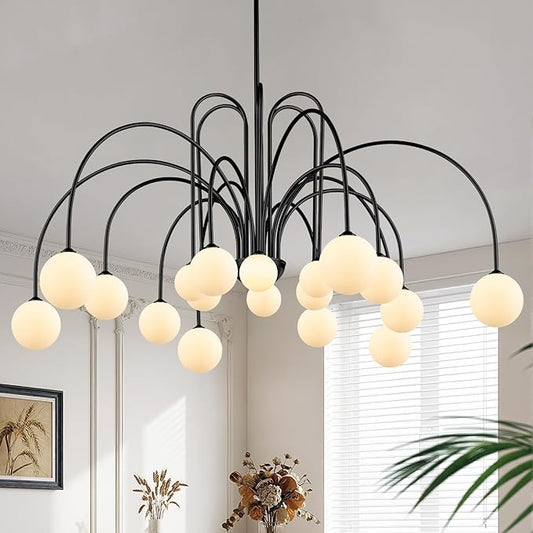 CATINER Modern Black Sputnik Chandeliers Extra Large 18 Lights L59”Mid Century Ceiling Pendant Lighting Fixture with Milk Glass Globe Shades for High Ceiling Living Room Foyer Staircase