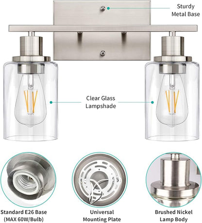 ShineTech 2-Light Bathroom Vanity Light Fixture, Brushed Nickel Bathroom Light Fixtures Over Mirror, Modern Wall Mounted Bathroom Lighting with Clear Glass Shade for Bathroom, Bedroom, Hallway