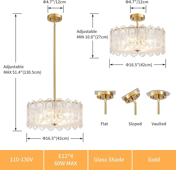 4-Lights Luxury Glass Chandelier, Mid-Century Modern Style for Dining Room, Living Room, Bedroom, D16.5'' × H10.6'', Adjustable Height (10.6"~51.4"), Gold Finish Frame & Figured Glass Shade